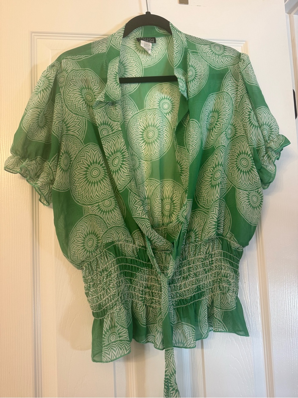 Green Printed Short-Sleeve Wrap Blouse